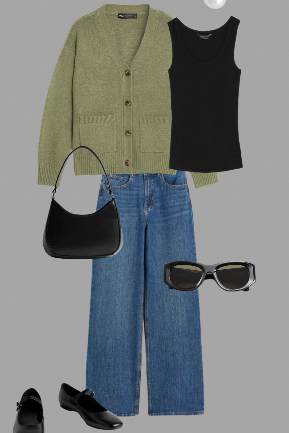 Cardigan styling. A sage green simple cardi with wide leg jeans, Mary Janes, a simple shoulder bag and a black vest