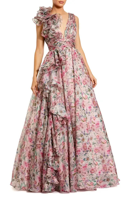 Mac Duggal Ruffle Shoulder V-Neck Printed Chiffon Gown in Pink Multi at Nordstrom, Size 12 | Nordstrom
