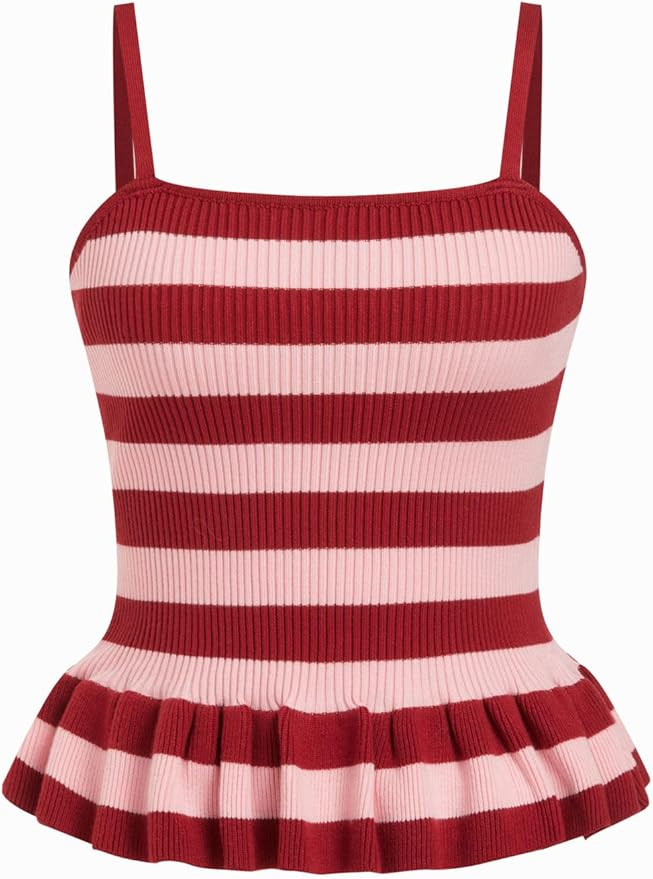CIDER Striped Crop Tank Tops for Women Sleeveless Square Neck Ruffle Knit Peplum Tops Summer Vaca... | Amazon (US)
