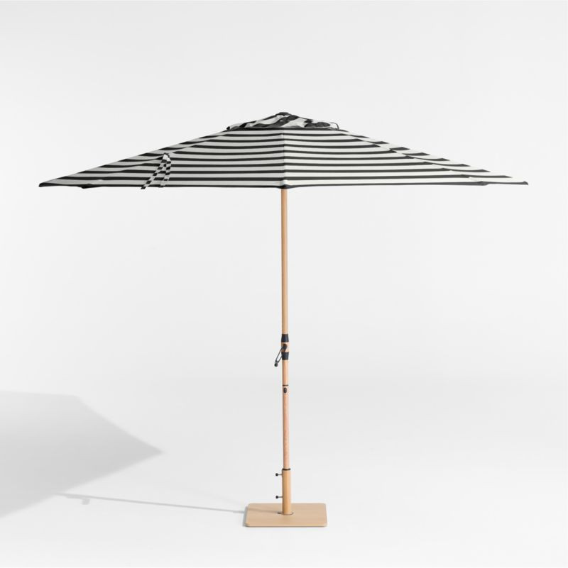 10' Round Sunbrella Black and White Cabana Stripe Outdoor Patio Umbrella with Faux Wood Metal Fra... | Crate & Barrel
