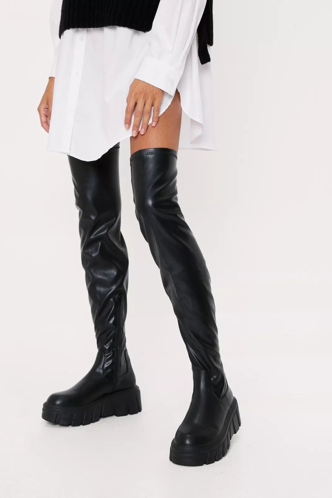 Stretch Faux Leather Cleated Over The Knee Boots | Nasty Gal (US)