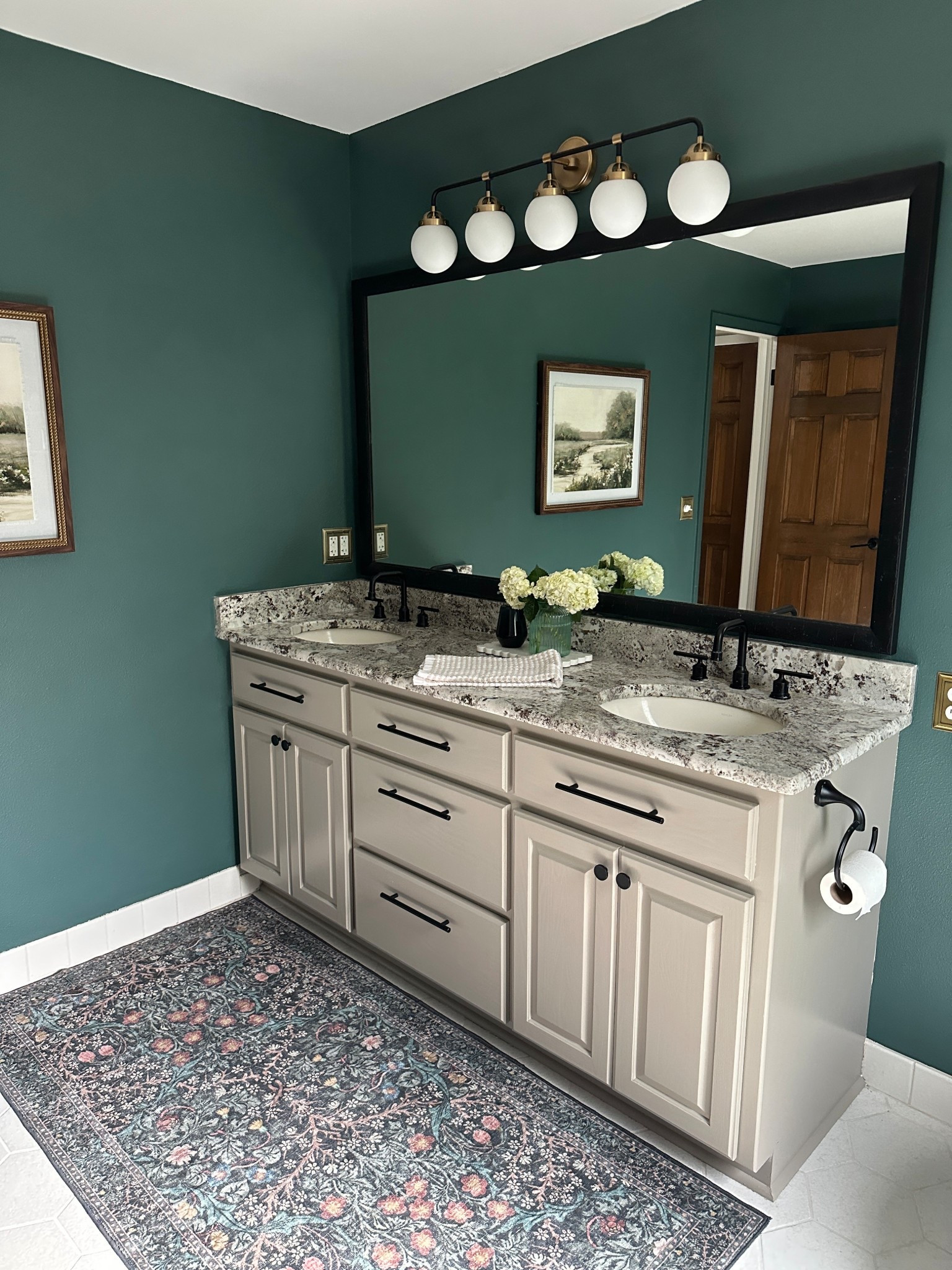 Vintage floral machine washable area rug in shades of deep green, black, taupe, beige, and mauve. Love it in this hall bathroom. 

#LTKSaleAlert #LTKHome #LTKFindsUnder50