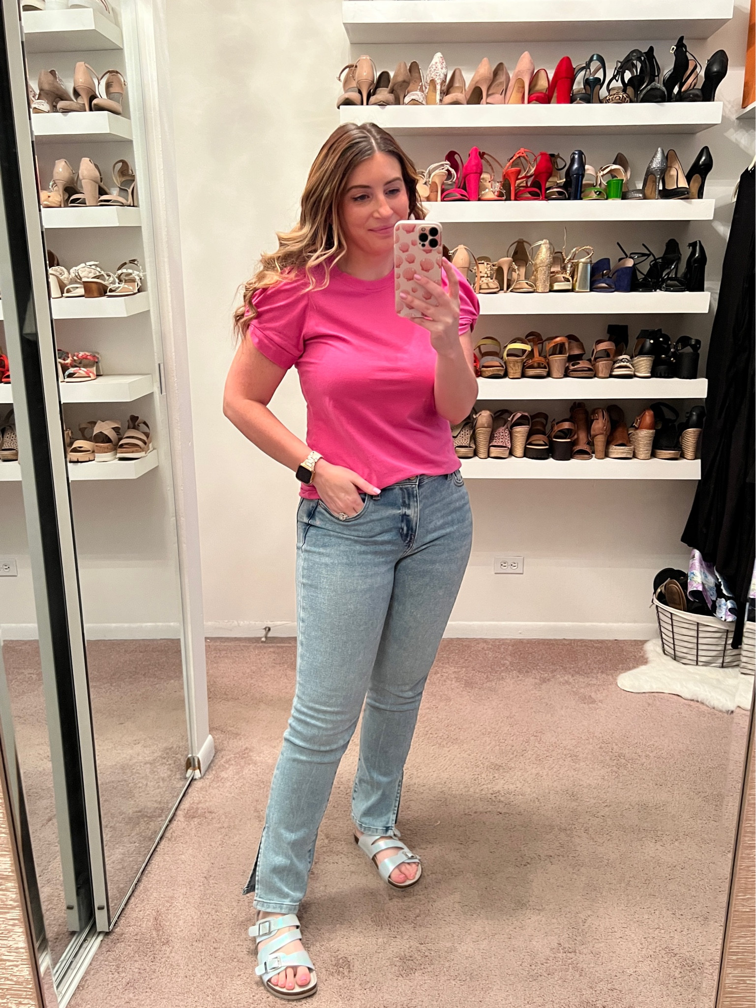 Amazon pink puffy sleeve top, straight leg jeans, comfy sandals, summer sandals, Apple Watch band, Beachwaver curling wand, curling iron, pink seashell iPhone case 

#LTKSeasonal #LTKunder50 #LTKstyletip