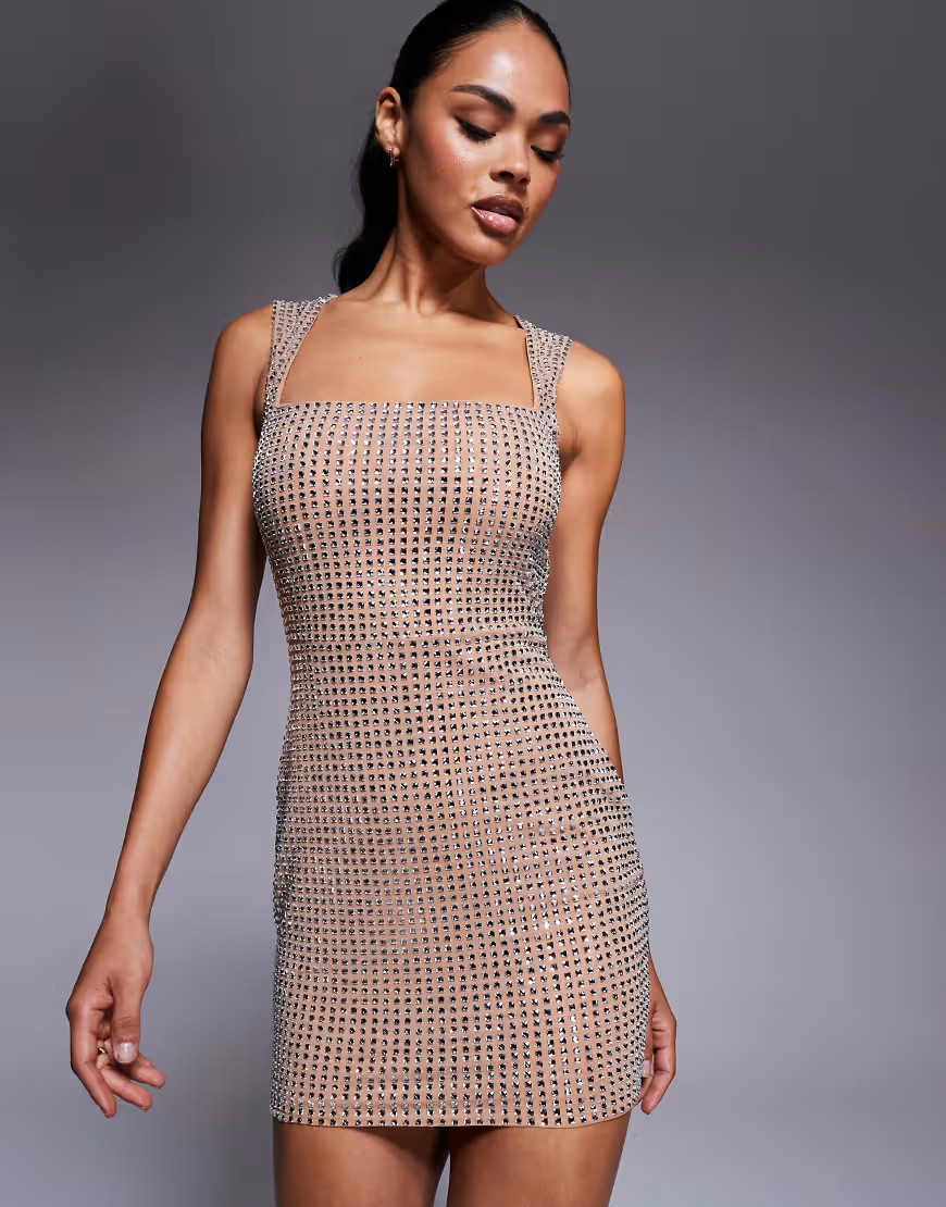 Oh Polly embellished square neck mini dress in beige diamonte-Neutral | ASOS (Global)