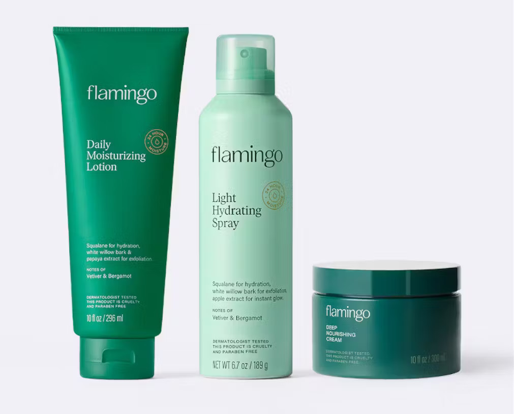 IN THIS SET
Light Hydrating Spray (6.7 oz)
Daily Moisturizing Lotion (10 oz)
Deep Nourishing Crea... | Flamingo