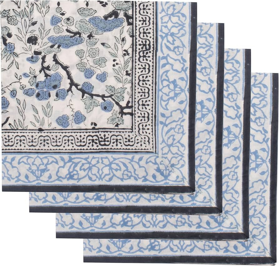Ridhi Block Print Spruce Caroline Blue Border Napkins 20" x 20" Inch Set 4 -Reusable Cotton Decor... | Amazon (US)