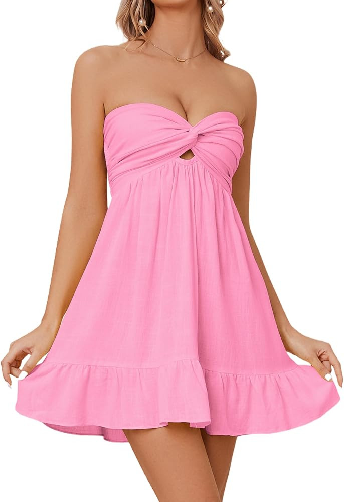 Womens Strapless Mini Dress Twist Knot Bandeau Tube Dress Smocked Backless Babydoll Ruffle Beach Dresses | Amazon (US)