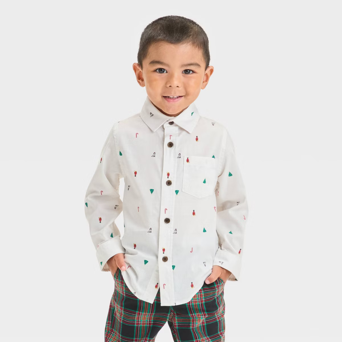 Toddler Boys' Christmas Printed Long Sleeve Stretch Button-Down Shirt - Cat & Jack™ Cream | Target