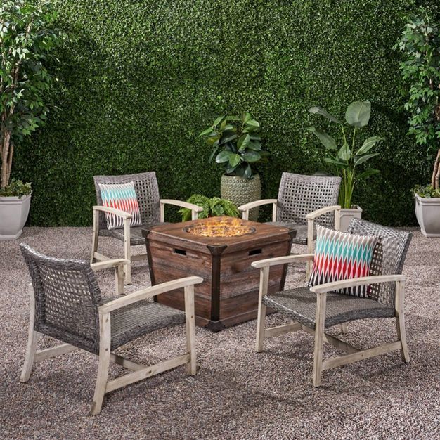 Hampton 5pc Wood & Wicker Club Chair Set with Fire Pit - Christopher Knight Home | Target