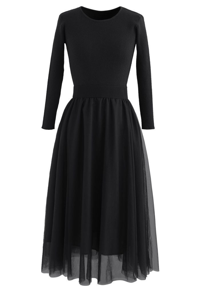 Elasticated Waist Knit Splice Mesh Dress in Black | Chicwish