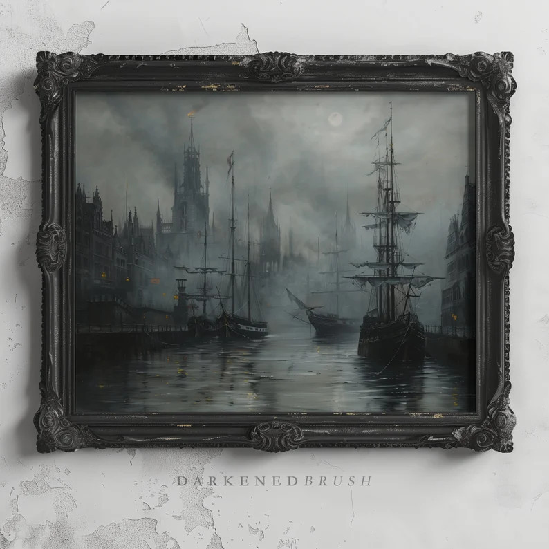 Victorian Harbor Vintage Ghost Ships Art Painting Dark Nautical Seascape Maritime Art Ocean Coast... | Etsy (US)