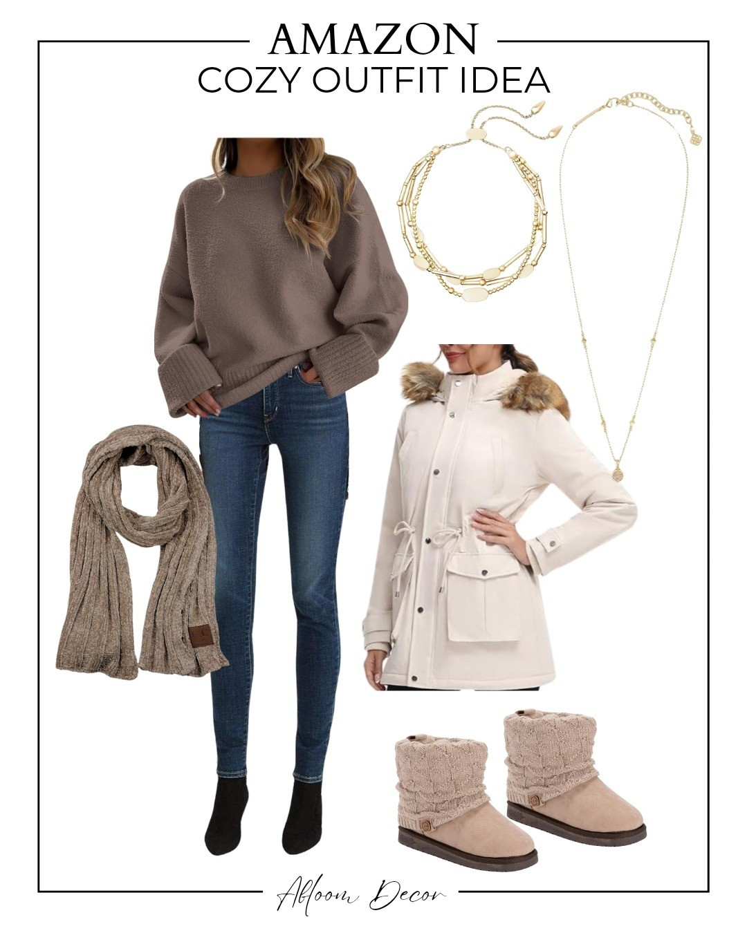 This cozy Amazon outfit idea is perfect for chilly weather with its oversized taupe sweater, snug jeans, and warm knit scarf.

#LTKStyleTip #LTKBeauty