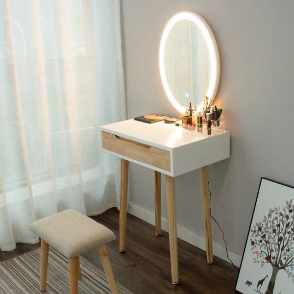 Leicester Vanity Table Set with Adjustable Brightness Mirror and Cushioned Stool | Wayfair North America
