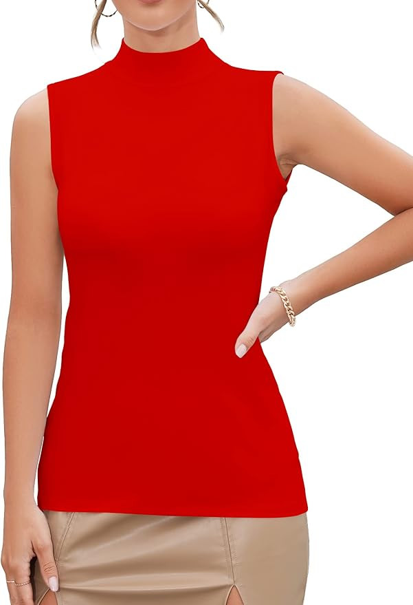 MANGDIUP Women's Mock Turtleneck Long Sleeve Sleeveless Tops Basic Slim T-Shirts | Amazon (US)