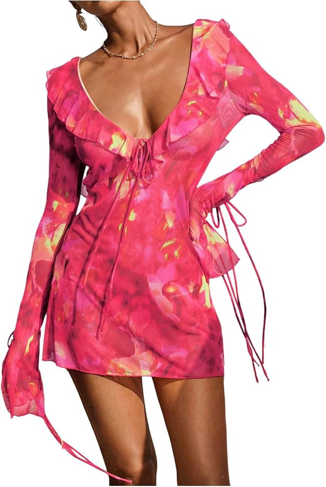 SOLY HUX Women's Tie Dye Mesh Sheer Cover Up Tie Backless Deep V Neck Long Sleeve Ruffle Beach Dr... | Amazon (US)