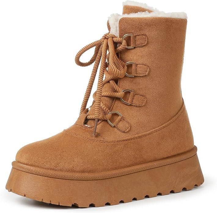 Women's Platform Boots Mini Boots for Women Winter Snow Shoes Round Toe Lace Up Apricot Boots | Amazon (US)