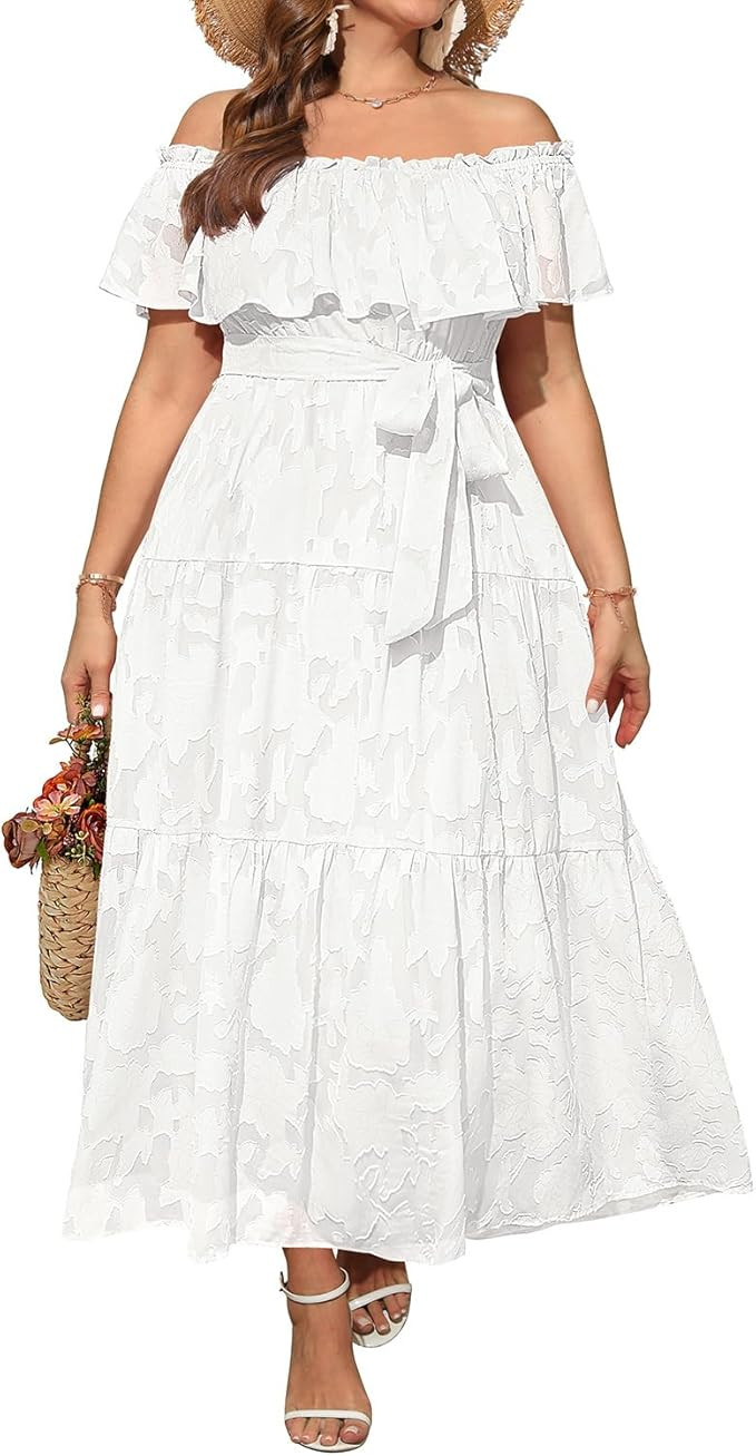 Plus Size Chiffon Off The Shoulder Maxi Long Floral Summer Casual Beach Boho Sundress Women 2024 | Amazon (US)