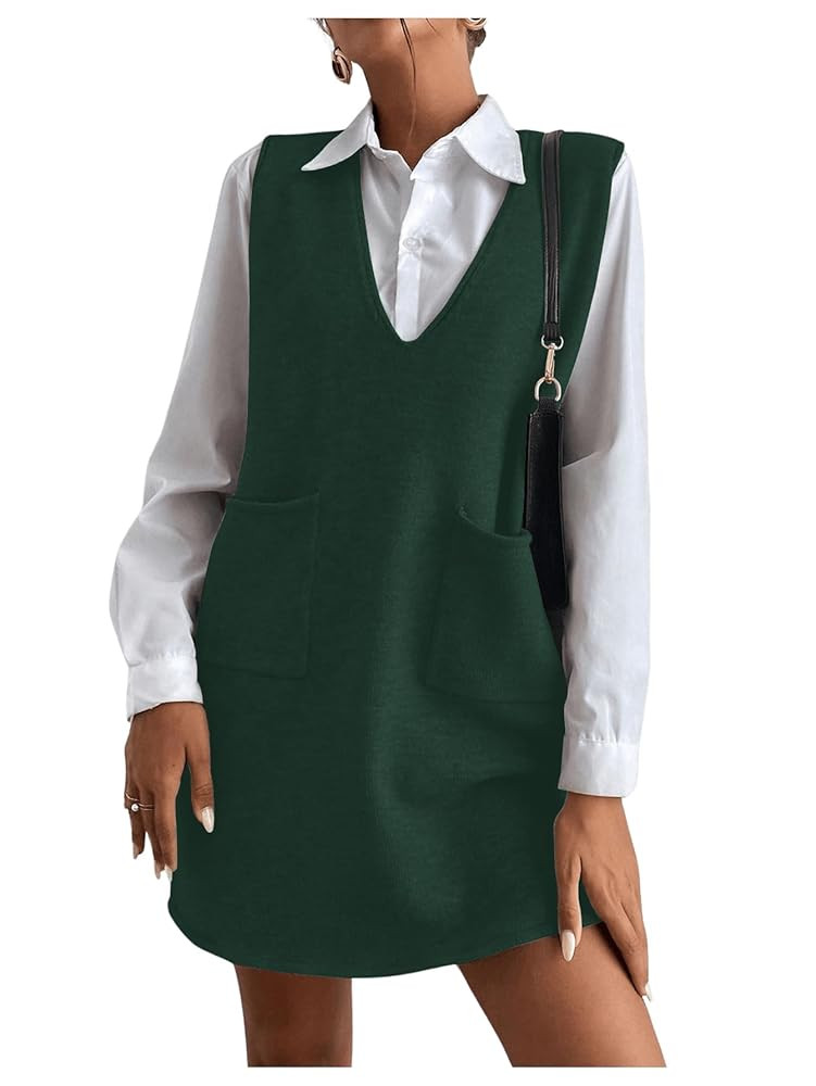 OYOANGLE Women's V Neck Sleeveless Knitted Solid Short Sweater Dress with Pockets | Amazon (US)