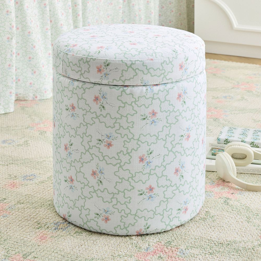 Hill House Clematis Scallop Green Round Storage Ottoman | Pottery Barn Teen