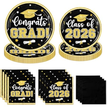 QZYL 200Pcs Graduation Party Supplies 2026, Black and Gold Graduation Plates and Napkins, Disposa... | Amazon (US)