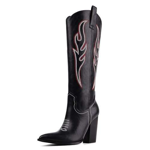 Celbreez Cowboy Boots for Women Black Cowgirl Boots with Embroidered Knee High Cowboy Boot Women Pointed Toe Side Zipper Western Boot Leather Wide Calf Chunky Heel Country Shoes | Amazon (US)