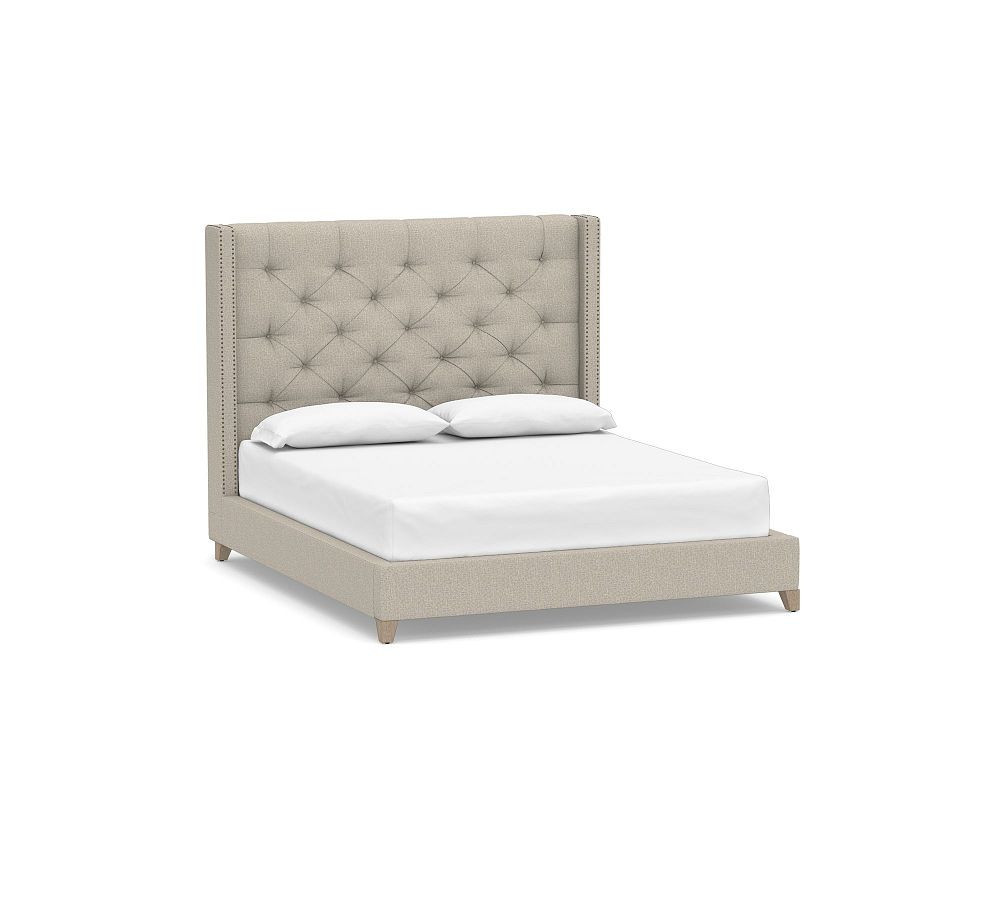 Harper Tufted Upholstered Bed with Bronze Nailheads, Tall Headboard 65""h, Seadrift Finish, Cal King, Performance Heathered Tweed Pebble | Pottery Barn (US)