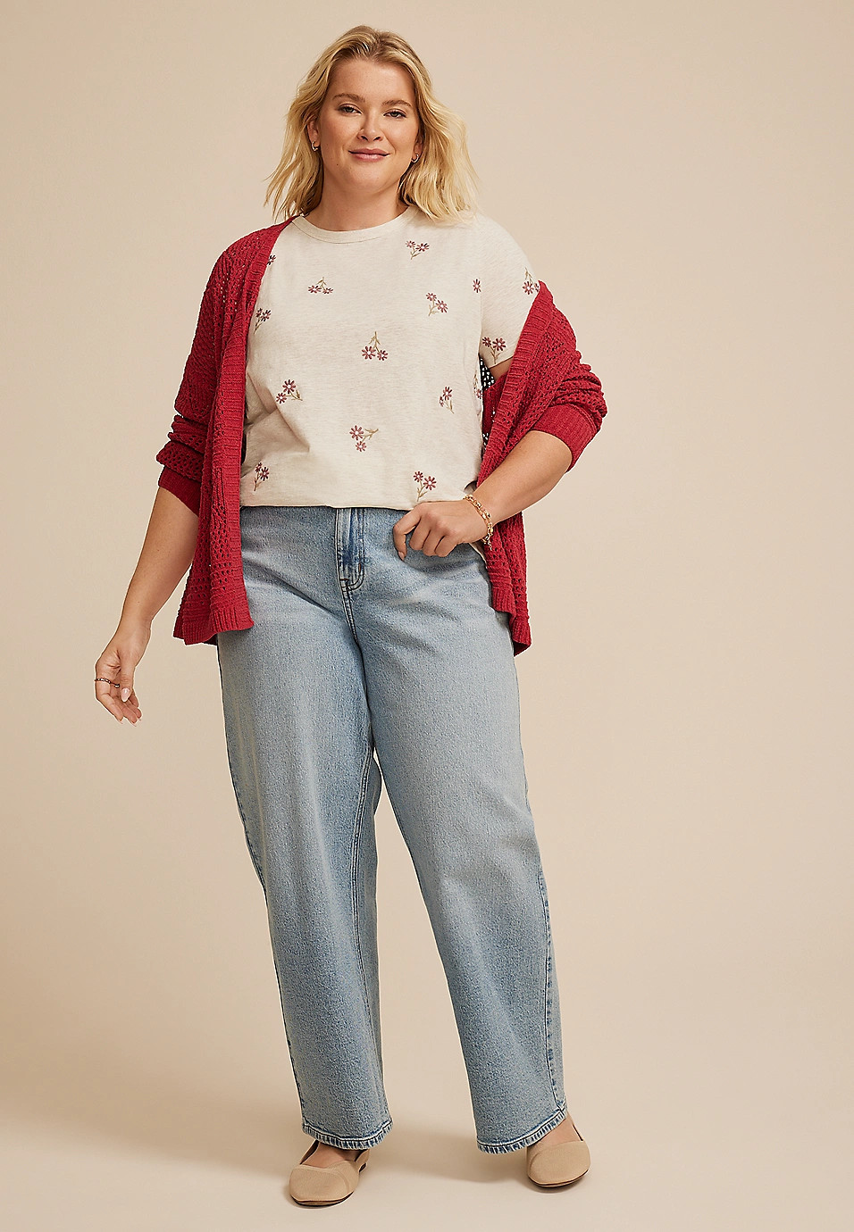 Plus Size 24/7 Dawson Floral Embroidered Crew Neck Tee | Maurices