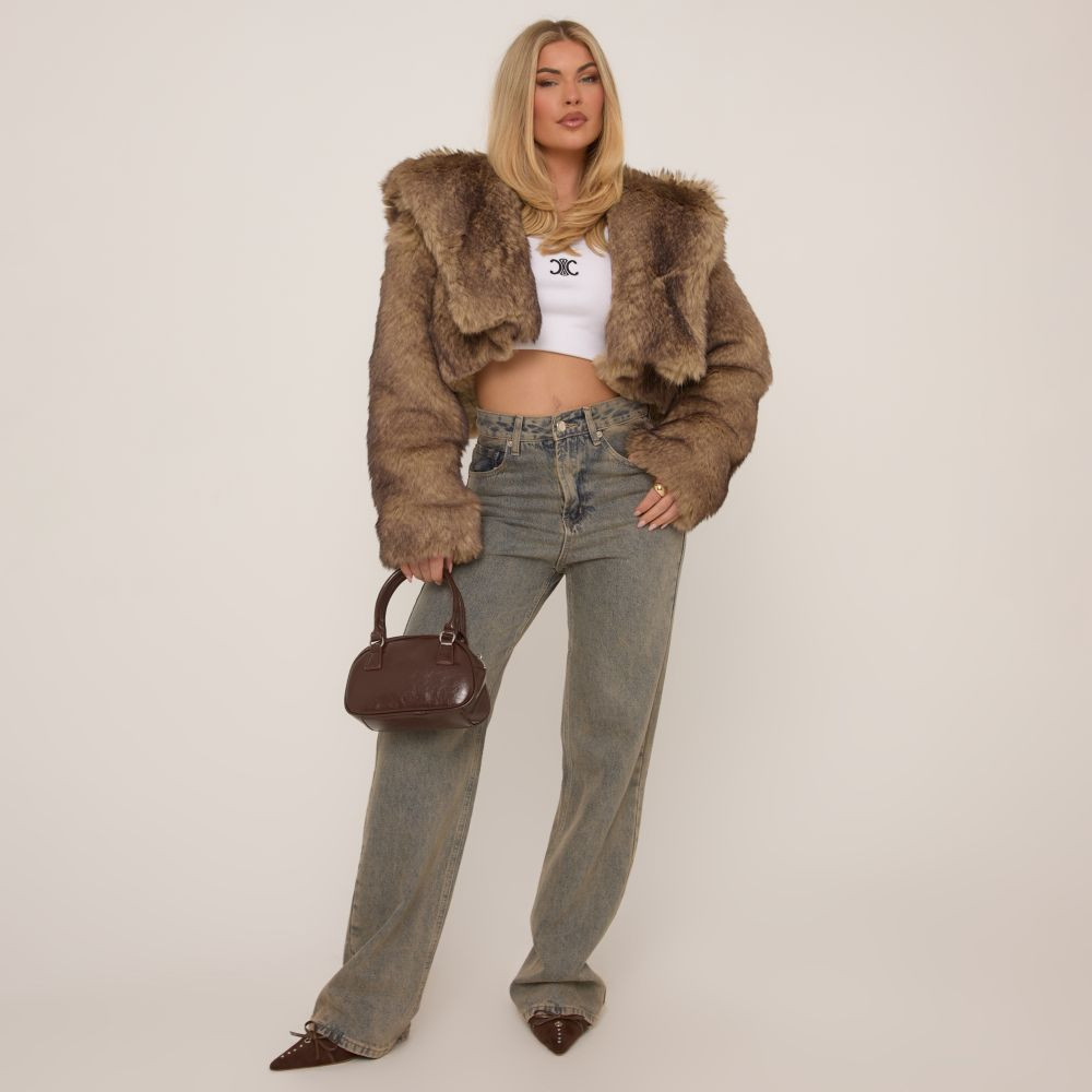 Hooded Cropped Coat In Brown Premium Faux Fur | EGO Shoes (US & Canada)
