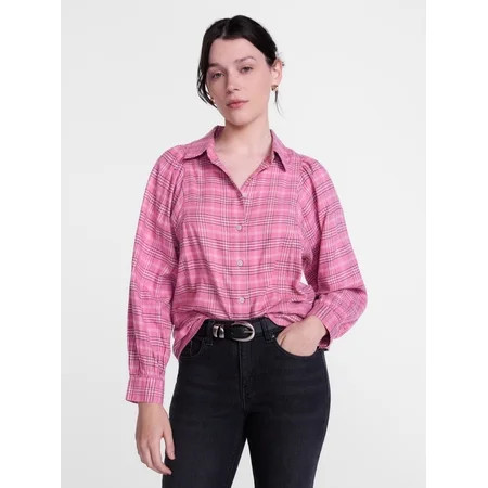 Scenario Women's Plaid Shirt with Long Puff Sleeves, Sizes XS-XXXL | Walmart (US)