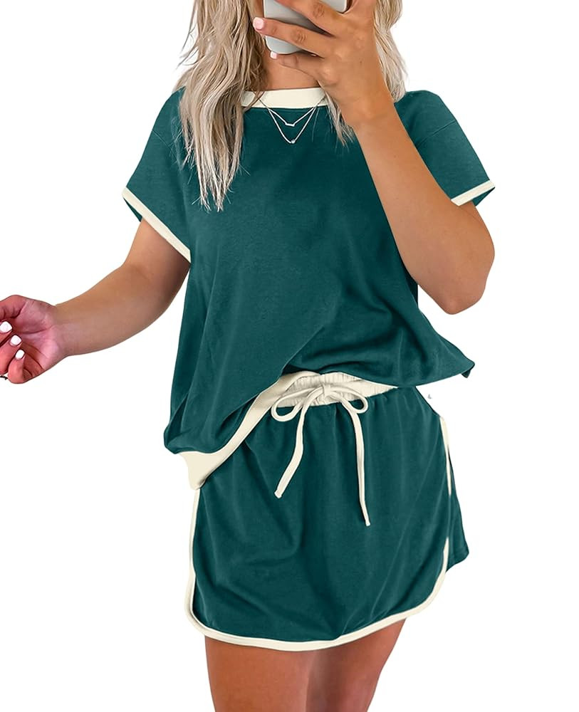 SELINK Lounge Sets for Women 2 Piece Skirt Colorblock Drop Shoulder T Shirt and Skort Set Summer ... | Amazon (US)