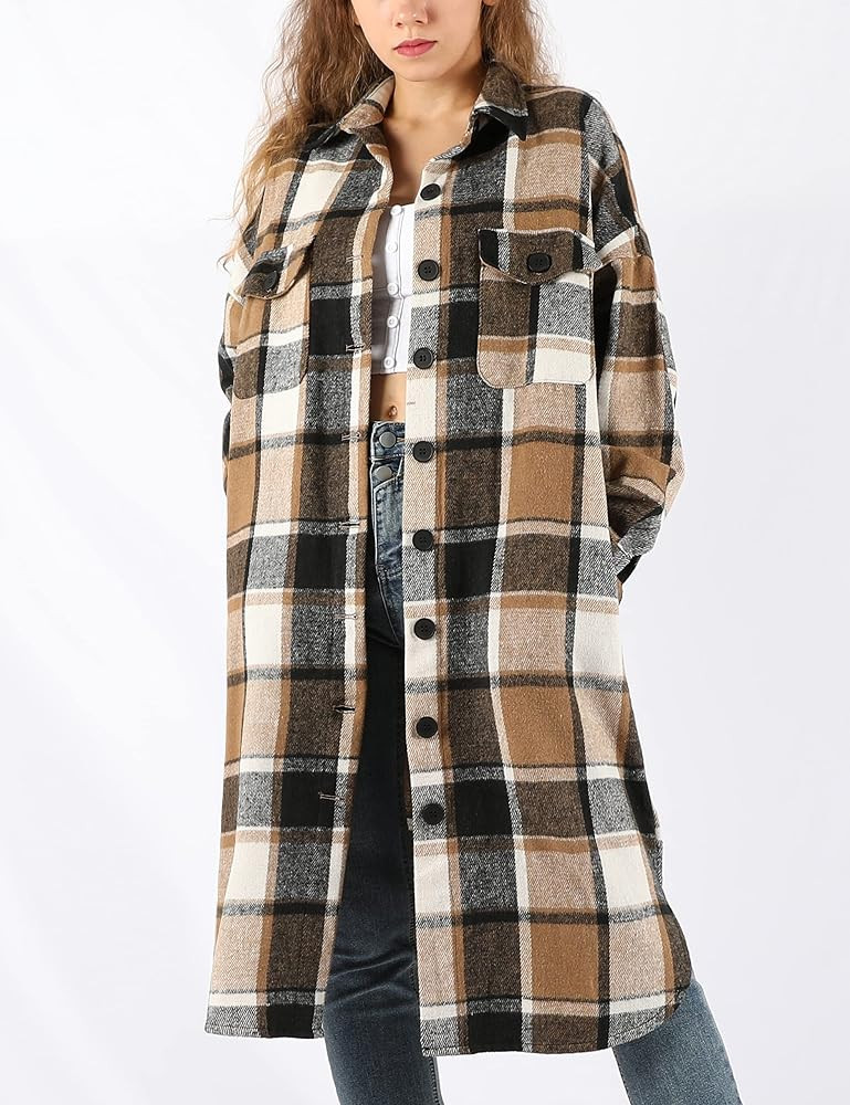 Springrain Women's Casual Plaid Button Down Wool Blend Shacket Long Coat | Amazon (US)