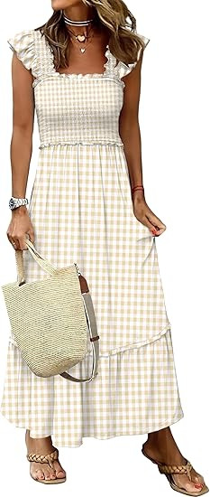 ANRABESS Womens Summer Sleeveless Maxi Dress Square Neck Smocked Boho Casual Ruffle Strap Flowy A... | Amazon (US)