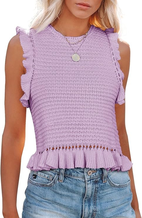 PiePieBuy Women's Summer Knit Tank Tops Crew Neck Sleeveless Cami Shirts Tees Ruffle Sweater Vest | Amazon (US)