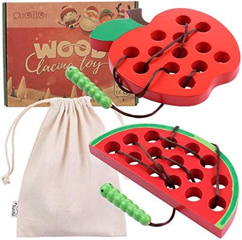 KLT Lacing Toy for Toddlers, Wooden Threading Toys, 1 Apple and 1 Watermelon with Bag, Educational a | Amazon (US)