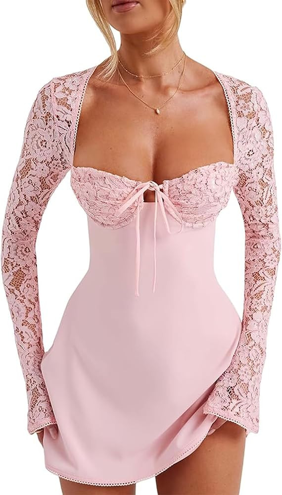 Women 's Elegant Bodycon Dress Lace Patchwork Long Sleeve Low Cut Mini Dress Backless Tie-up Goin... | Amazon (US)