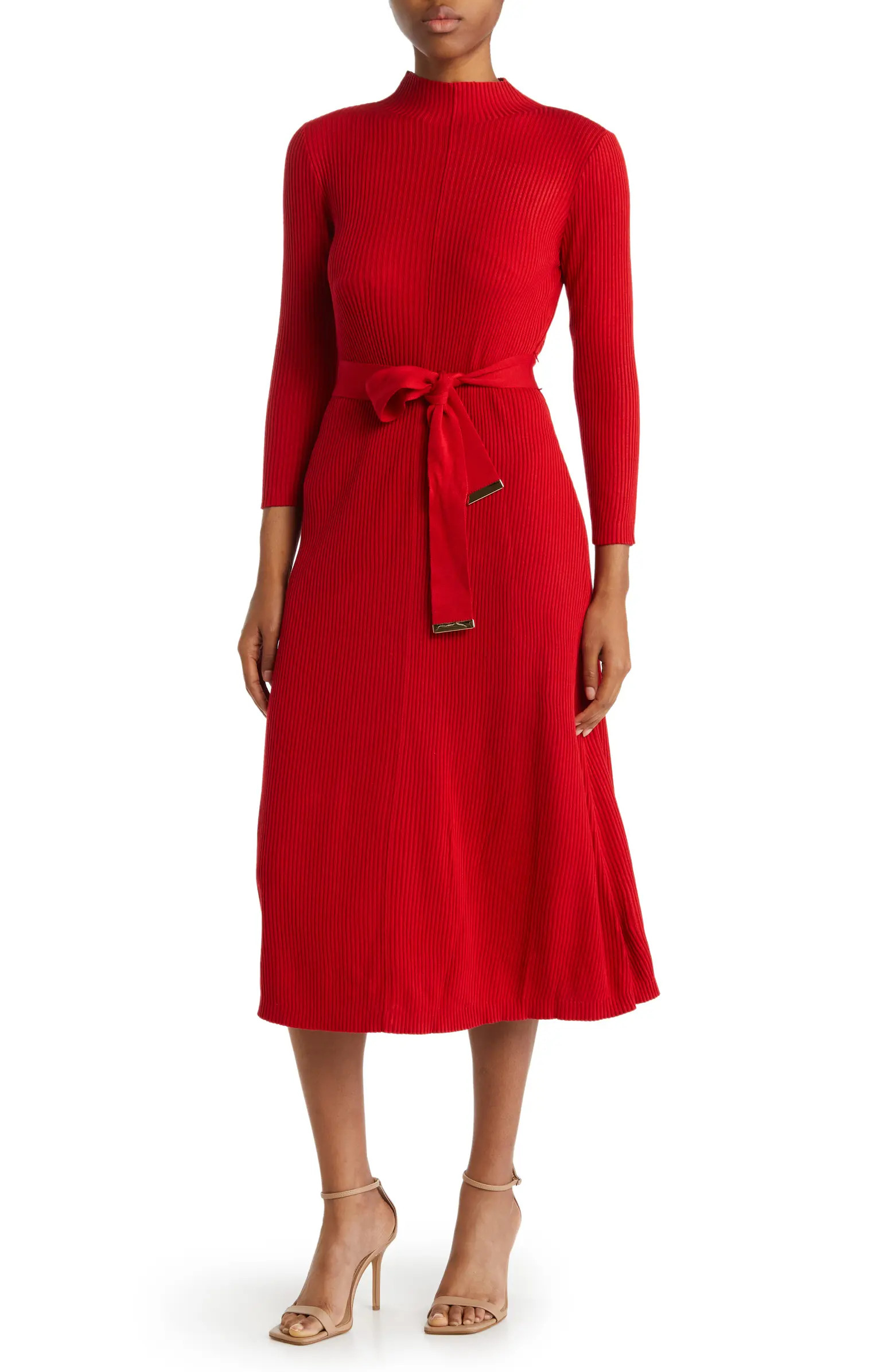 Calvin Klein Mock Neck Long Sleeve Belted Midi Dress | Nordstromrack | Nordstrom Rack