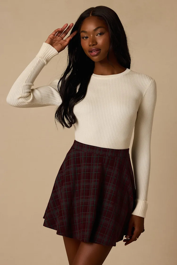 Addington Burgundy & Green Plaid Mini Skirt | Lulus