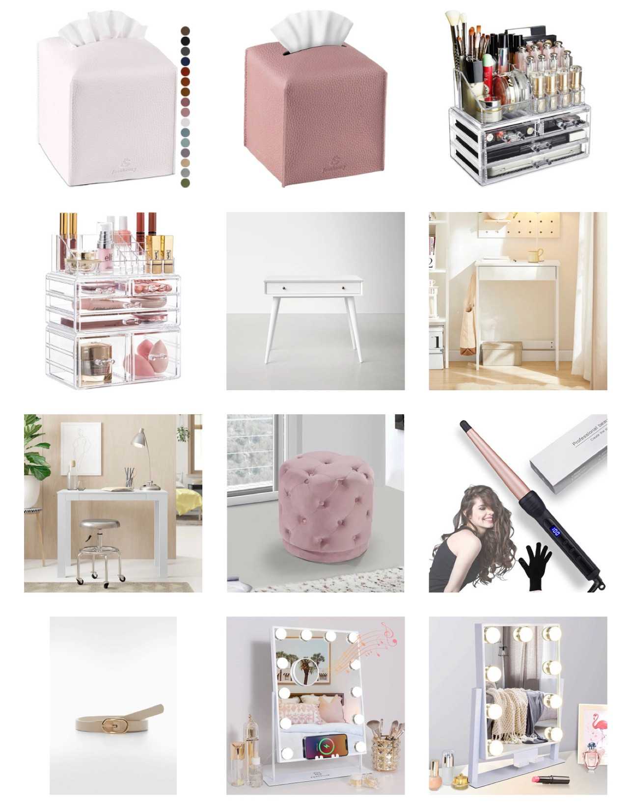 Things that make you feel put together: A wiped nose or surface. Organized chaos with makeup. A desk. Tufted velvet stool. A styling wand for the perfect waves. A belt to keep it looking together. And a mirror to zoom in on what can be seen to naked eye 🫣
•
#whatarethebasics #basicsb #basics #besutybasics #kleenex #vanity 

#LTKGiftGuide #LTKeurope #LTKbeauty