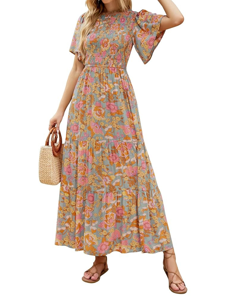 ZESICA Women's 2025 Summer Casual Floral Print Short Flutter Sleeve Crew Neck Smocked High Waist ... | Amazon (US)