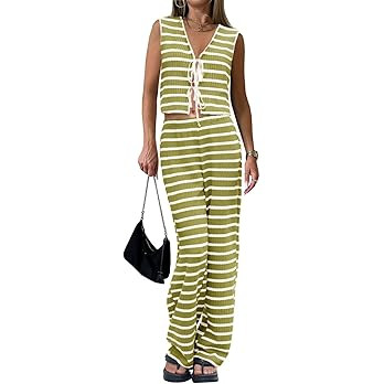 Tankaneo Womens Crochet Sets 2 Piece Outfits Tie Front Sleeveless Vest Tops Wide Leg Pants Stripe... | Amazon (US)