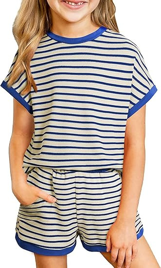 Amazon.com: blibean Tween Girls Summer Clothes Sets Big Kids Striped Short Sleeve Outfits Teen Tr... | Amazon (US)