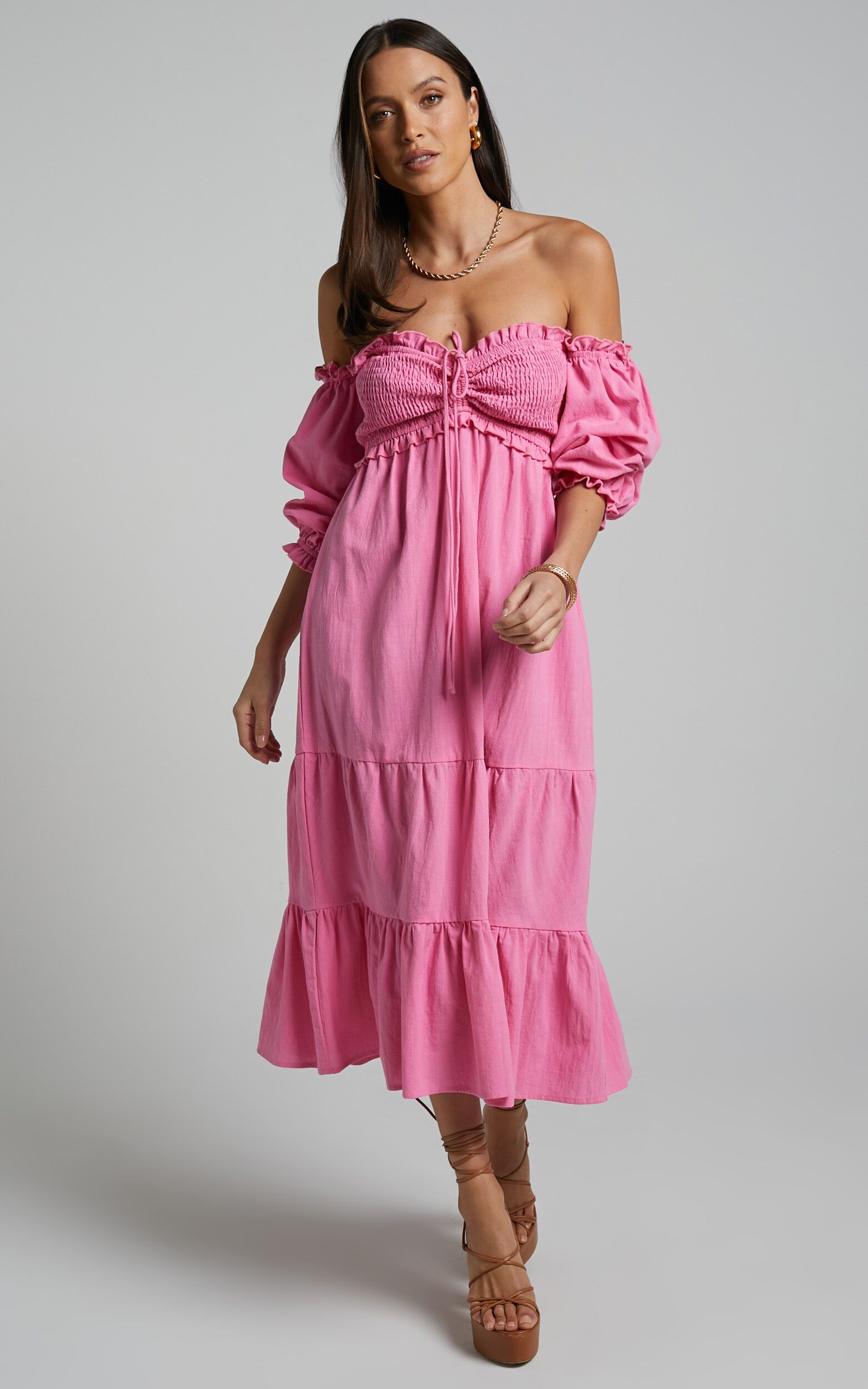 Nikka Midi Dress - Shirred Off Shoulder Puff Sleeve Dress in Pink | Showpo (US, UK & Europe)
