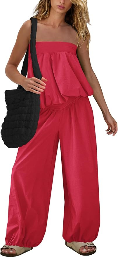SENSERISE Pants Sets Women 2 Piece Outfits Bubble Off Shoulder Strapless Tube Top Wide Leg Pants ... | Amazon (US)