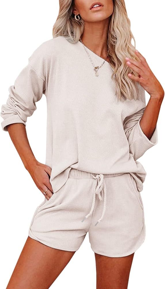 Womens Ribbed Short Sets 2 Piece Outfits Knit Lounge Pajama Set Long Sleeve Pullover Top and Shor... | Amazon (US)