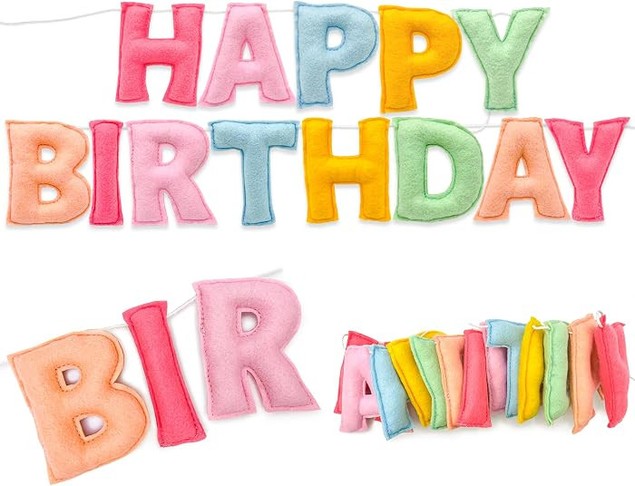 Pre-Strung 3D Pastel Felt Happy Birthday Banner, Macaron Birthday Garland | Amazon (US)