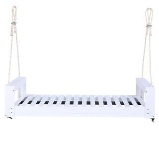White 2-Person Acacia Wood Porch Swing Bed with Armrests and 98 in. Hemp Ropes | The Home Depot