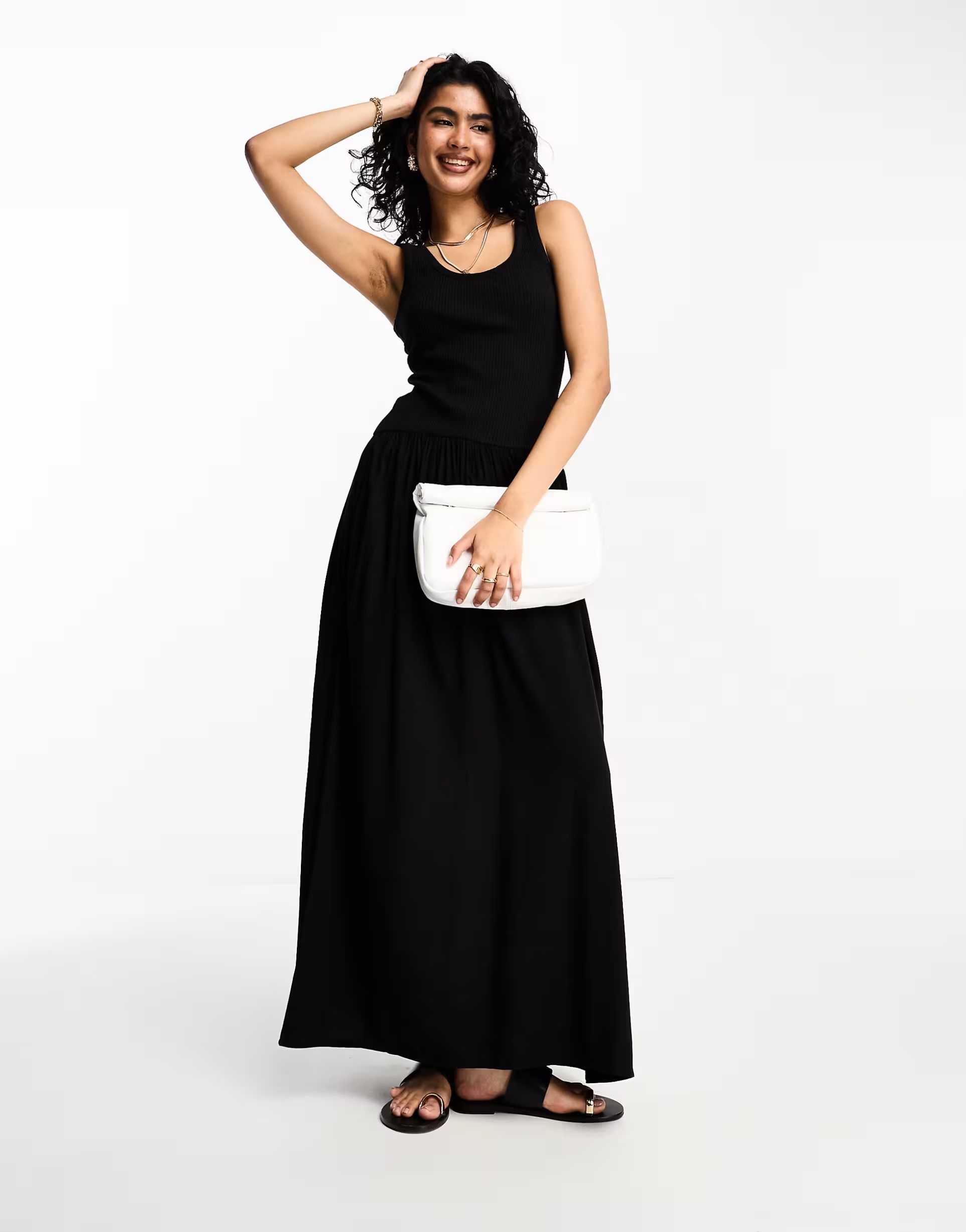 ASOS DESIGN ribbed scoop neck midi dress with dropped waist in black | ASOS (Global)