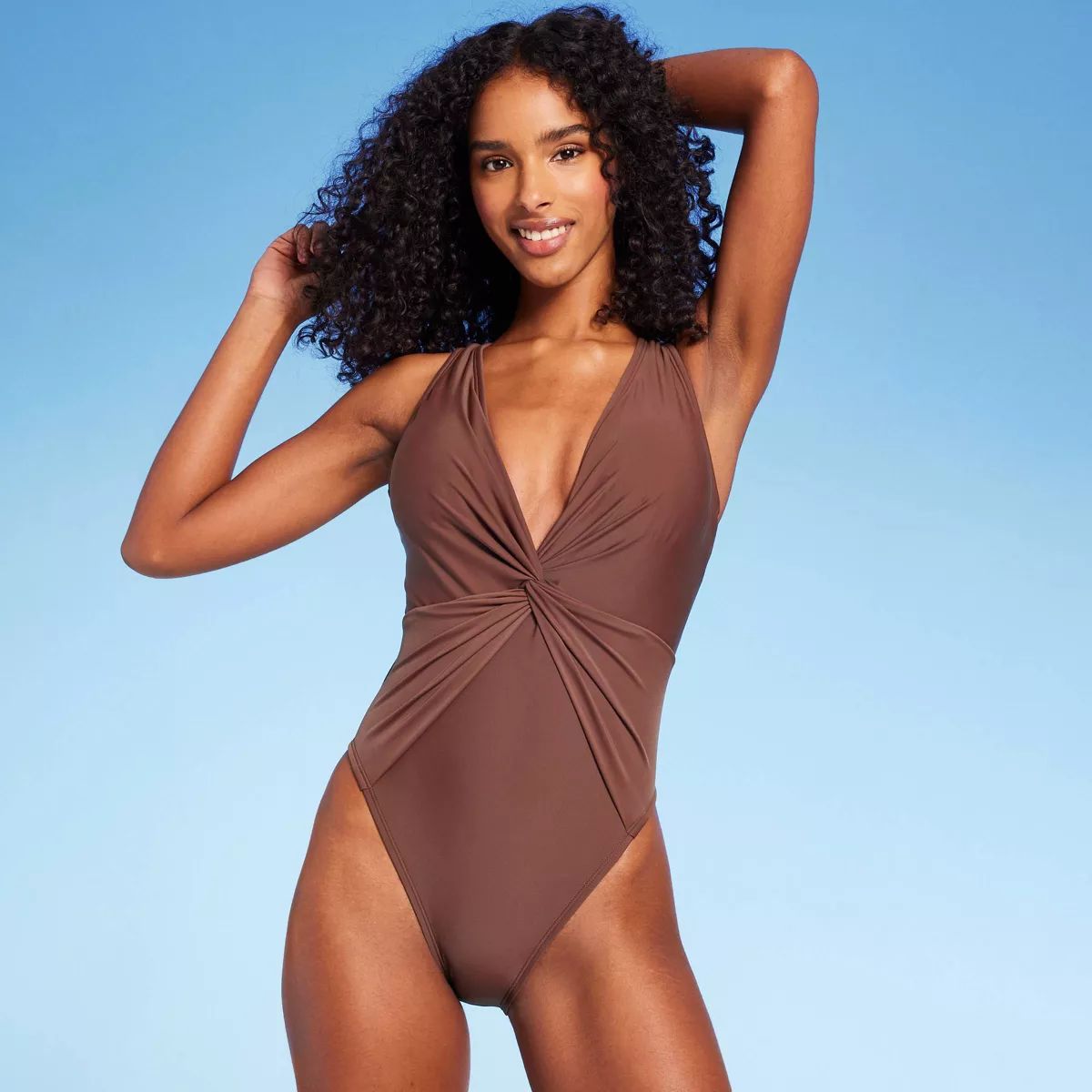 Women's Twist-Front Plunge One Piece Swimsuit - Shade & Shore™ Brown XS | Target