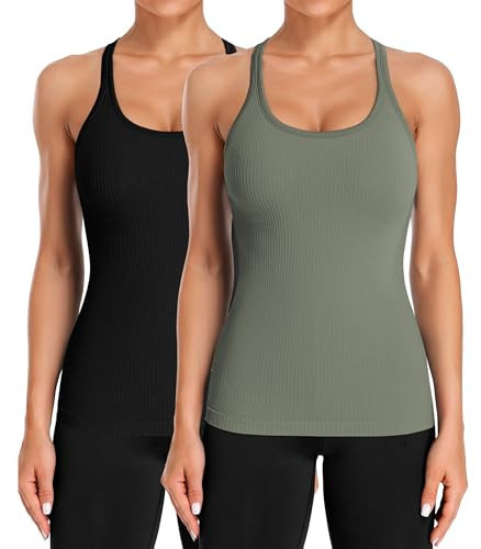 ATTRACO Padded Workout Tops for Women Ribbed Tank Scoop Neck Summer Basic Go to Top Pack of 2 M Black/Army Green | Amazon (US)
