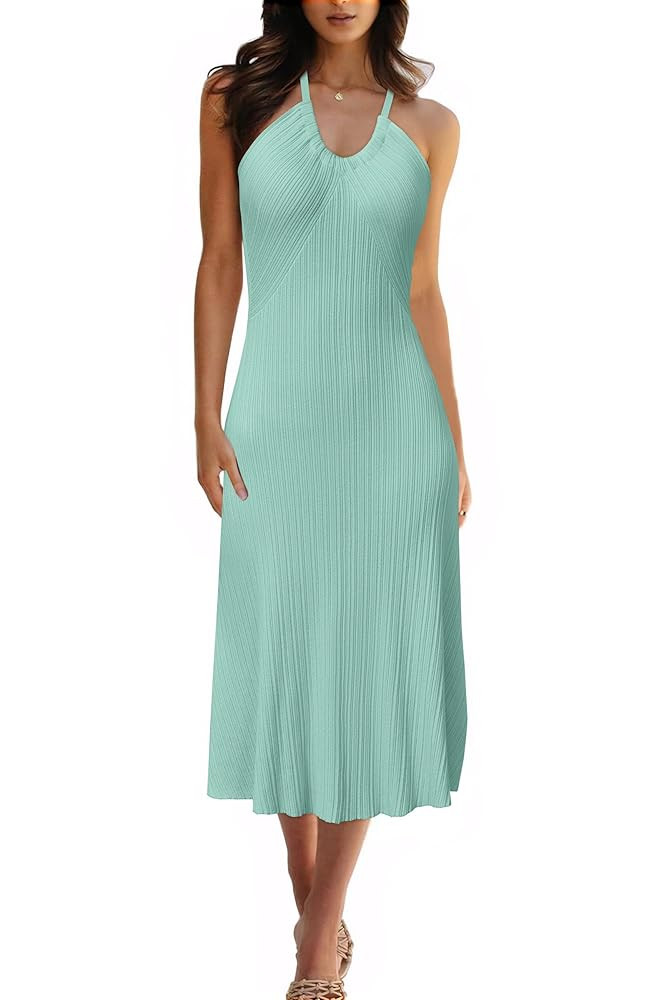 Arach&Cloz Women's Knit Adjustable Halter V Neck Summer Vacation Dress 2025 | Amazon (US)